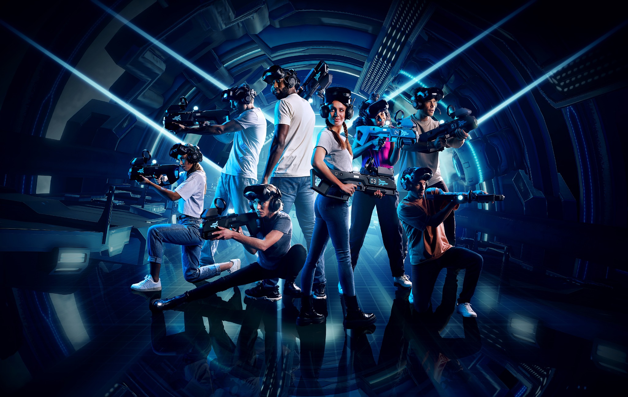 A Zero Latency VR team ready for a group mission in a futuristic arena
